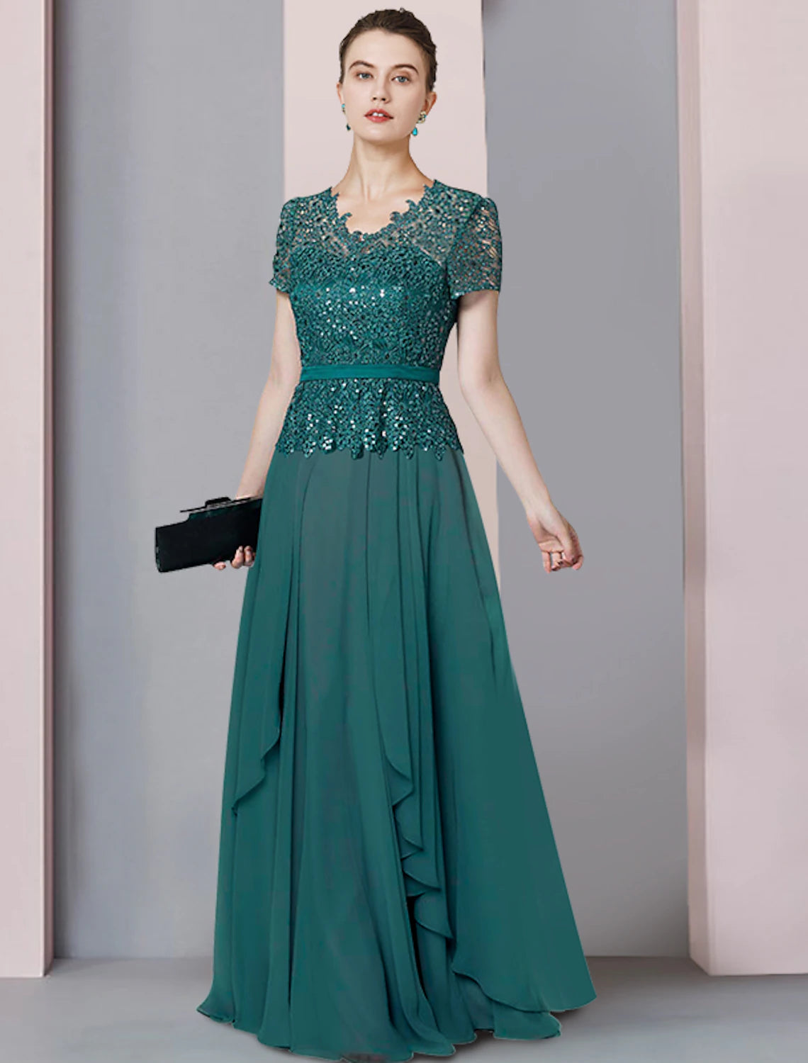 Abito da madre della sposa a trapezio, formale, da festa, scintillante e brillante, elegante, scollo a V, lunghezza pavimento, chiffon, paillettes, manica corta con pieghe e paillettes